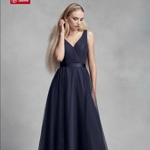 Vera Wang Long Navy Tulle & Lace Bridesmaid Dress